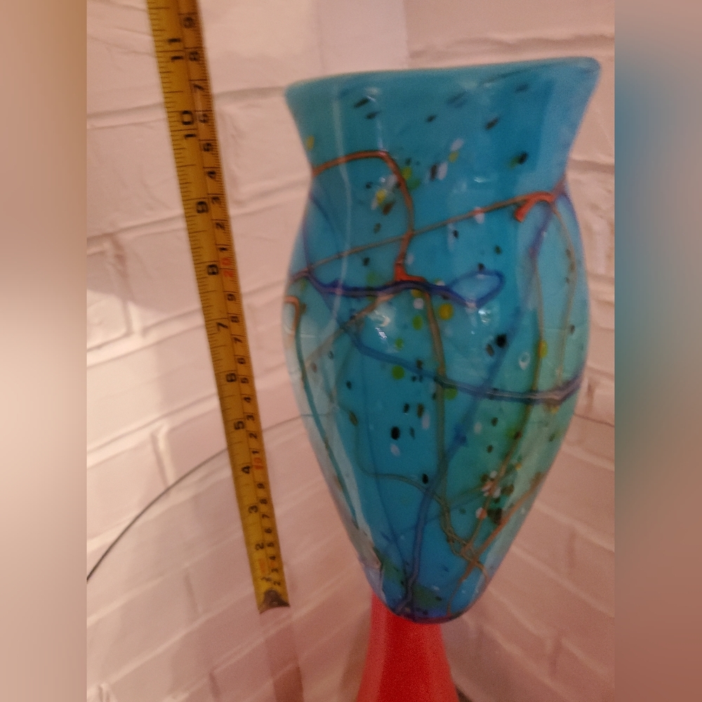 Postmodern Vintage 90s hand blow Studio Art Glass aque blue abstract vase - Picture 13 of 16